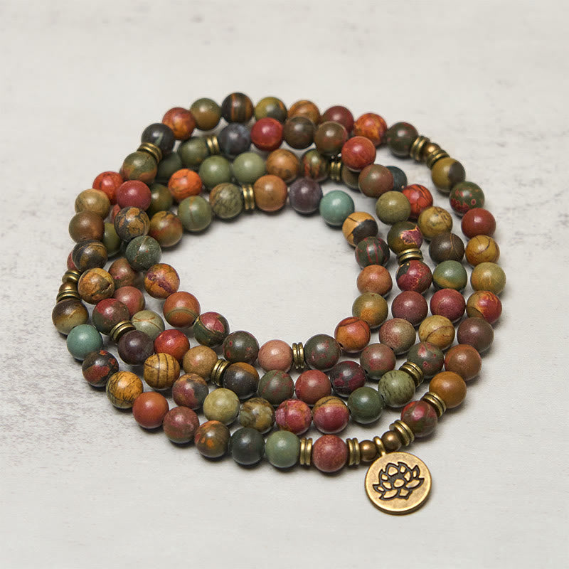 Wear FengShui Retro Lotus Symbol Charm Round Bead Red Turquoise Warm Mala