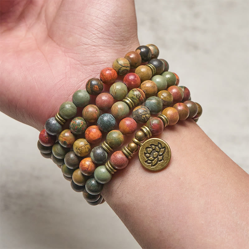 Wear FengShui Retro Lotus Symbol Charm Round Bead Red Turquoise Warm Mala