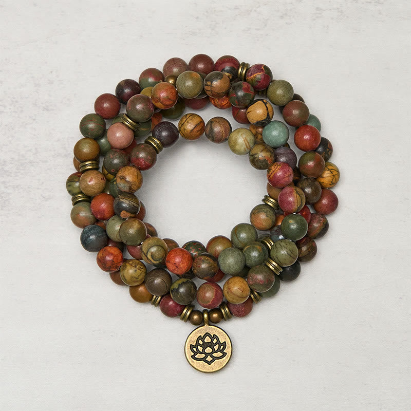 Wear FengShui Retro Lotus Symbol Charm Round Bead Red Turquoise Warm Mala