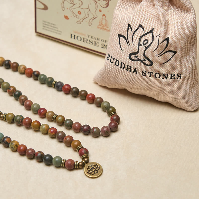 Wear FengShui Retro Lotus Symbol Charm Round Bead Red Turquoise Warm Mala