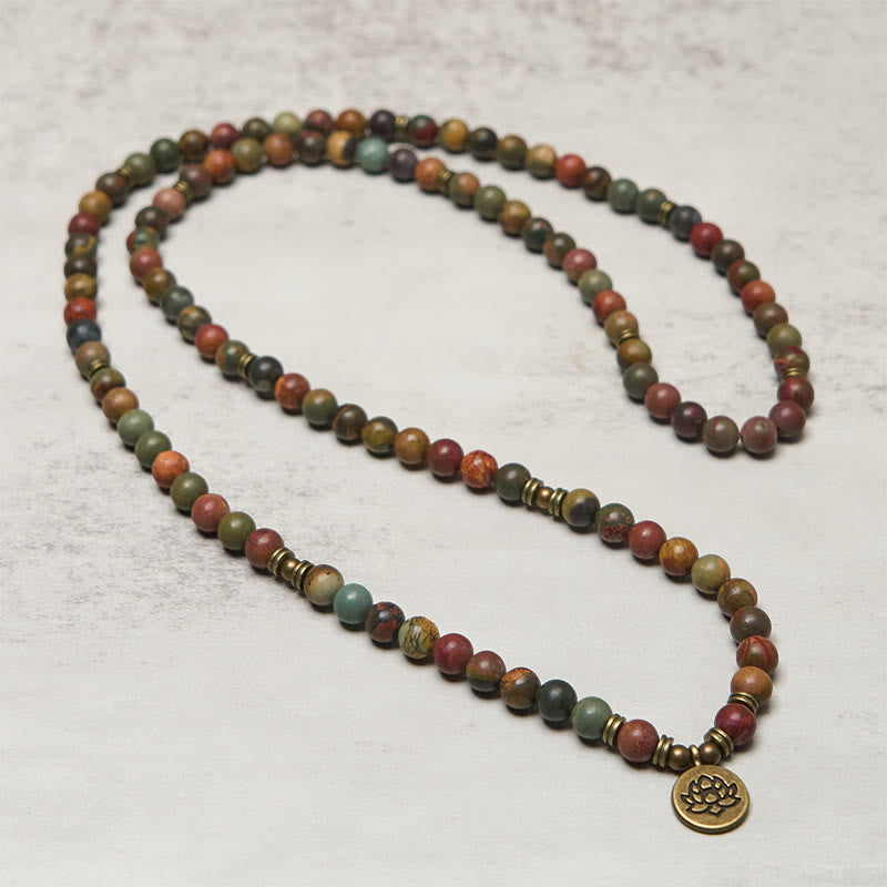 Wear FengShui Retro Lotus Symbol Charm Round Bead Red Turquoise Warm Mala