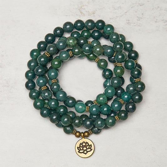 Wear FengShui Lotus Symbol Charm Round Bead Moss Agate Healing Mala