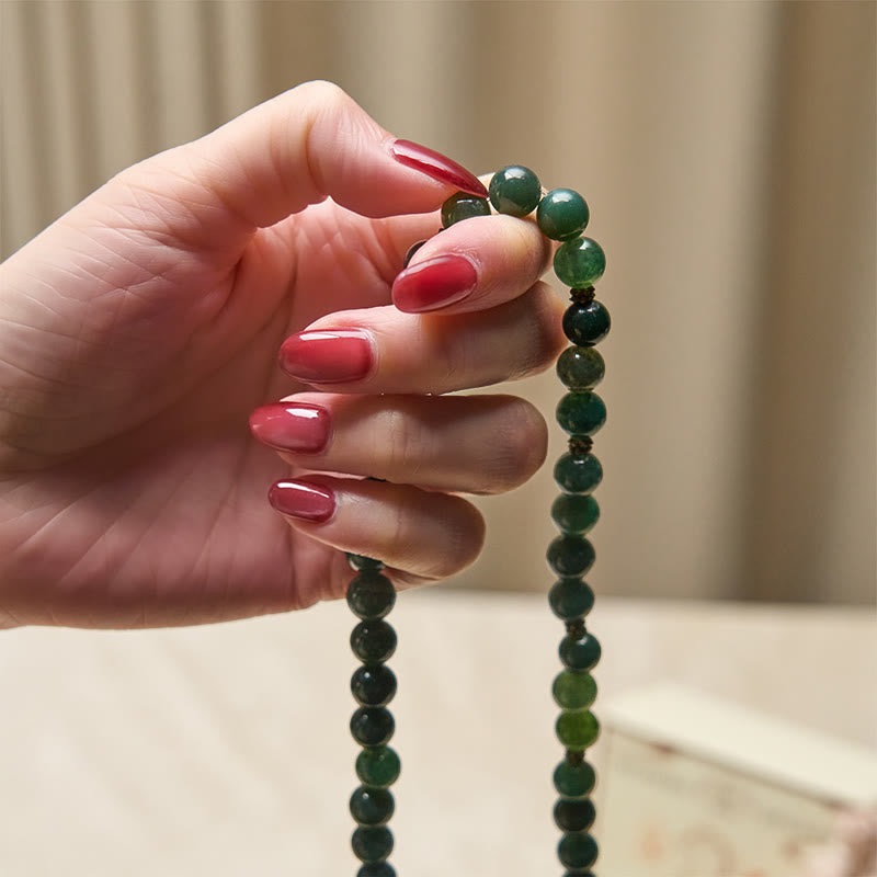 Wear FengShui Lotus Symbol Charm Round Bead Moss Agate Healing Mala