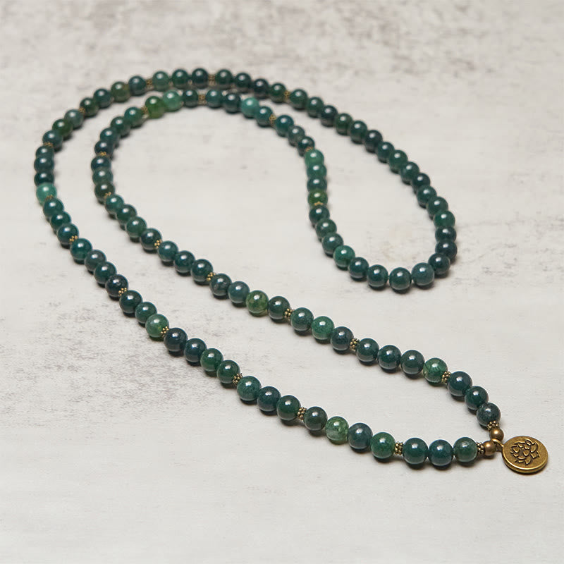 Wear FengShui Lotus Symbol Charm Round Bead Moss Agate Healing Mala