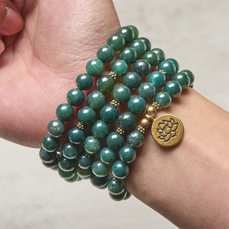 Wear FengShui Lotus Symbol Charm Round Bead Moss Agate Healing Mala