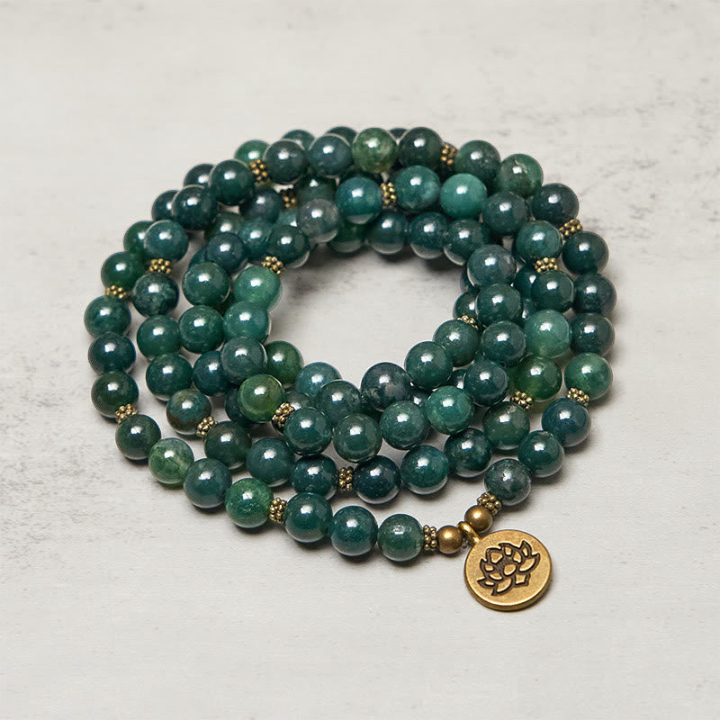 Wear FengShui Lotus Symbol Charm Round Bead Moss Agate Healing Mala