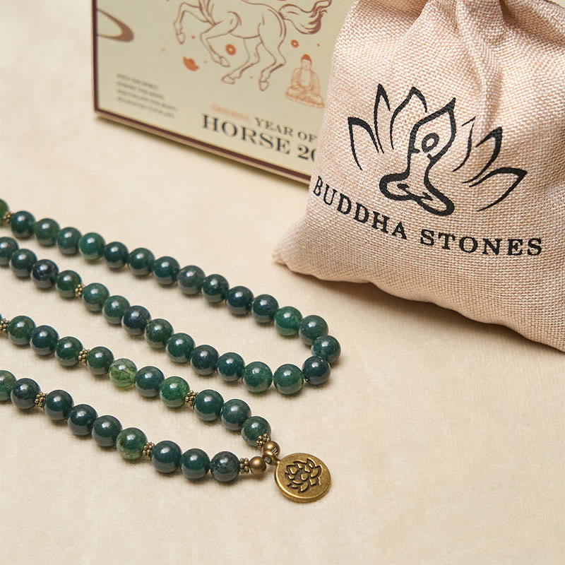 Wear FengShui Lotus Symbol Charm Round Bead Moss Agate Healing Mala