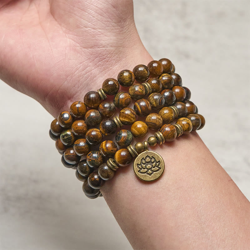 Wear FengShui Lotus Symbol Tiger Eye Beaded Strength Mala