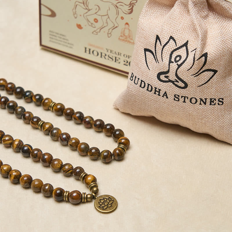 Wear FengShui Lotus Symbol Tiger Eye Beaded Strength Mala