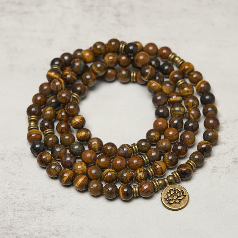 Wear FengShui Lotus Symbol Tiger Eye Beaded Strength Mala