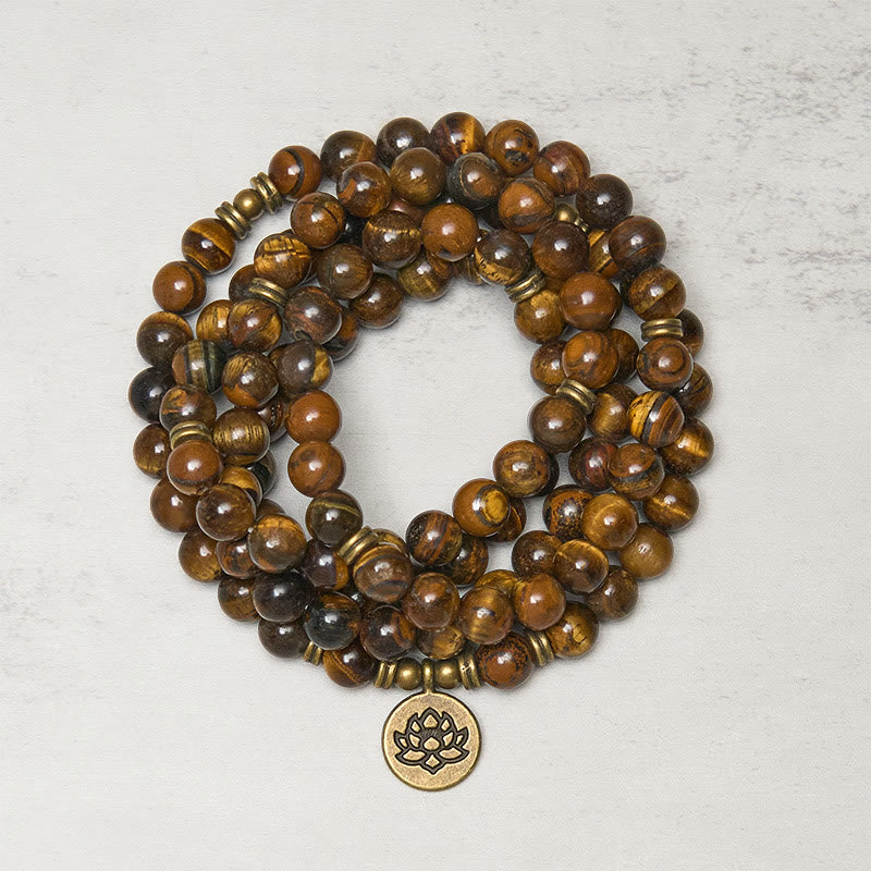 Wear FengShui Lotus Symbol Tiger Eye Beaded Strength Mala