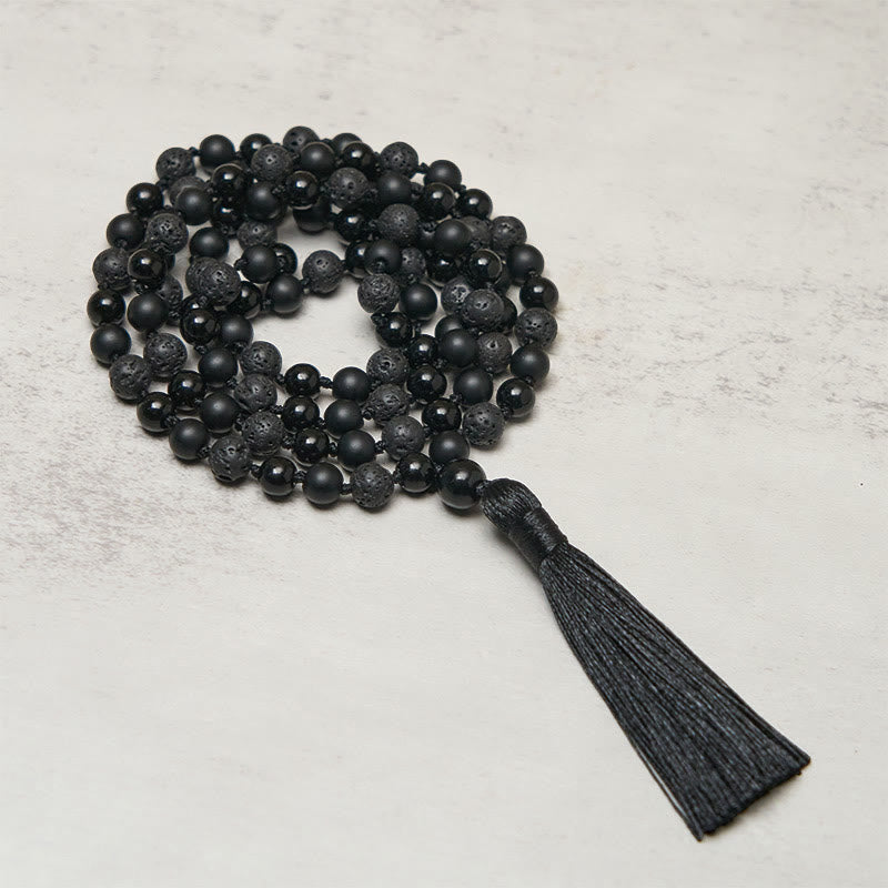 Wear FengShui 8mm Beads Black Onyx Lava Rock Tassel Protection Fortune Mala