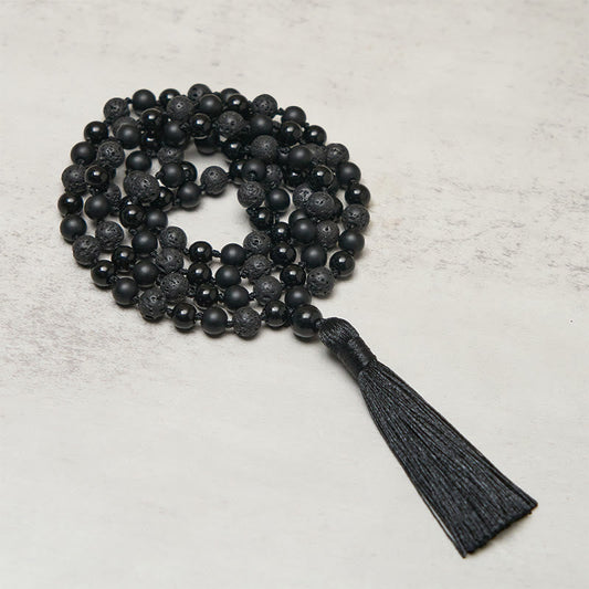 Wear FengShui 8mm Beads Black Onyx Lava Rock Tassel Protection Fortune Mala