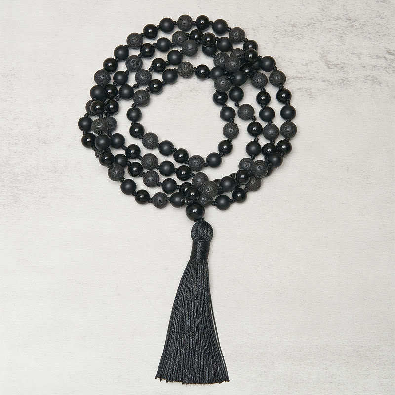 Wear FengShui 8mm Beads Black Onyx Lava Rock Tassel Protection Fortune Mala