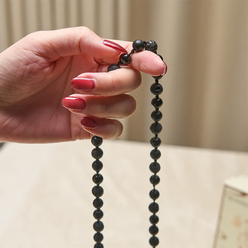 Wear FengShui 8mm Beads Black Onyx Lava Rock Tassel Protection Fortune Mala