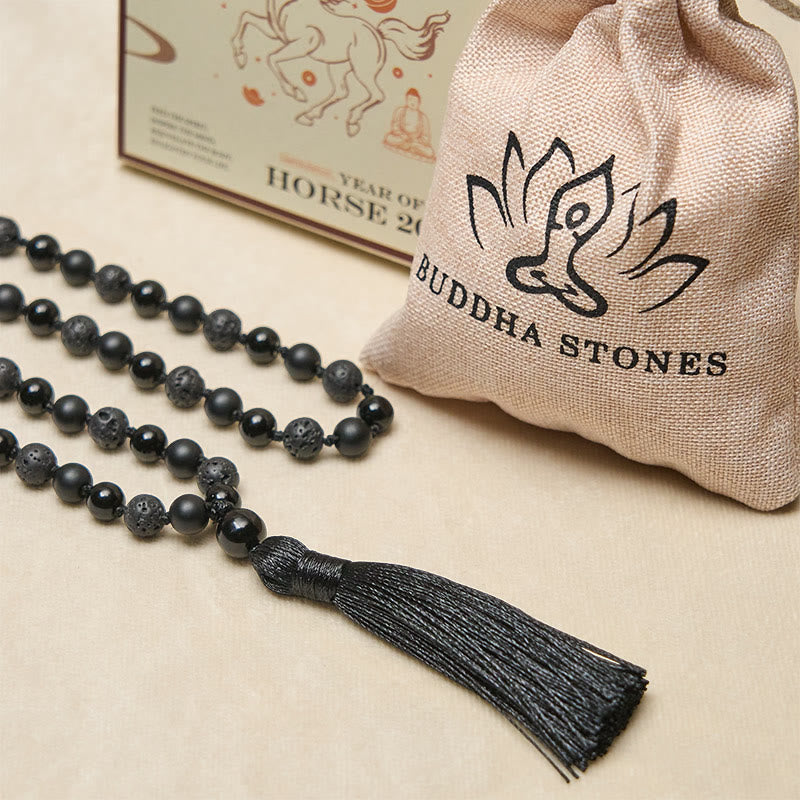 Wear FengShui 8mm Beads Black Onyx Lava Rock Tassel Protection Fortune Mala
