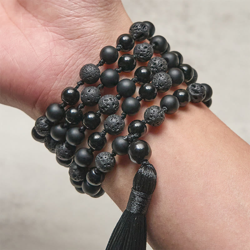 Wear FengShui 8mm Beads Black Onyx Lava Rock Tassel Protection Fortune Mala