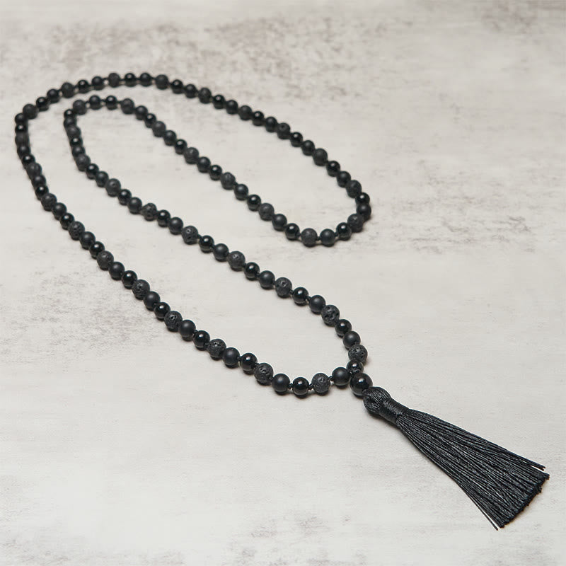 Wear FengShui 8mm Beads Black Onyx Lava Rock Tassel Protection Fortune Mala