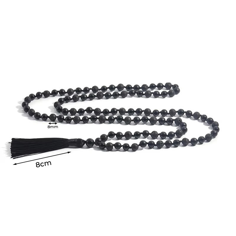 Wear FengShui 8mm Beads Black Onyx Lava Rock Tassel Protection Fortune Mala