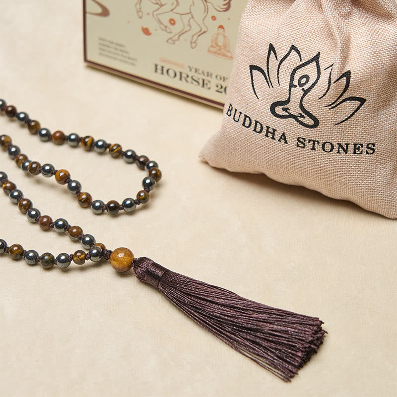 Wear FengShui 108 Beads Tiger Eye Hematite Tassel Courage Strength Mala
