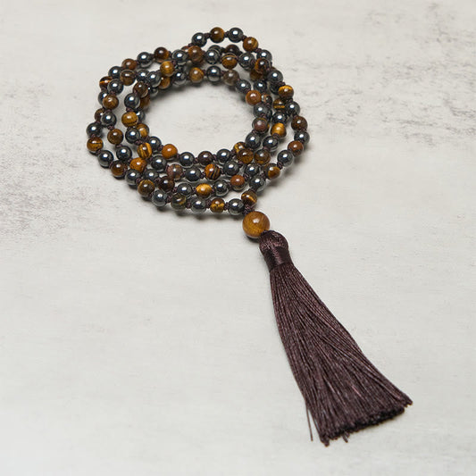 Wear FengShui 108 Beads Tiger Eye Hematite Tassel Courage Strength Mala
