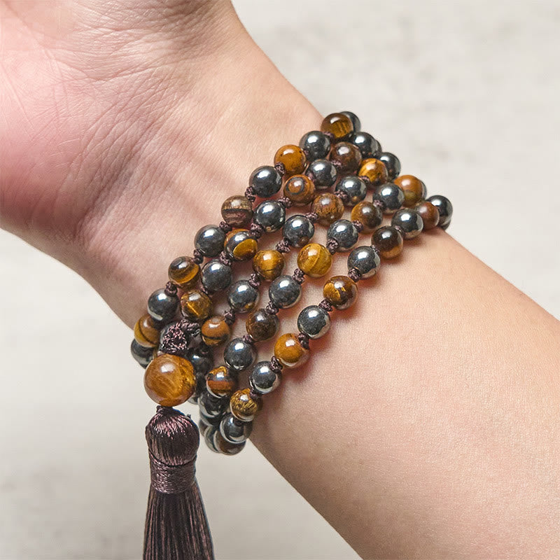Wear FengShui 108 Beads Tiger Eye Hematite Tassel Courage Strength Mala
