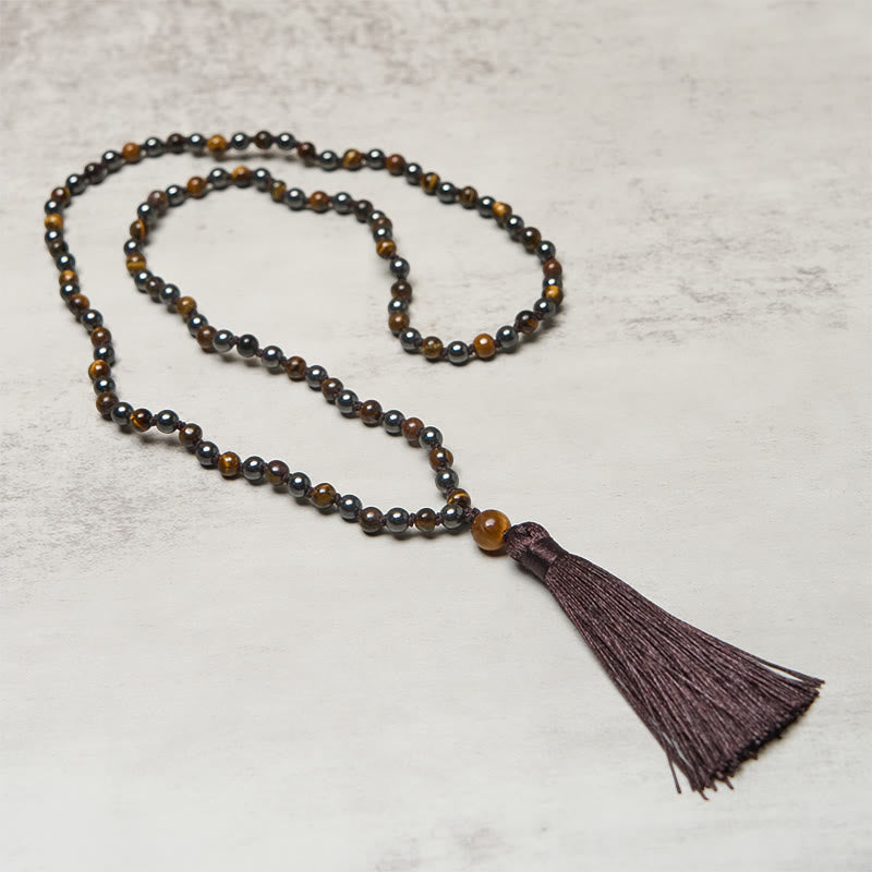 Wear FengShui 108 Beads Tiger Eye Hematite Tassel Courage Strength Mala
