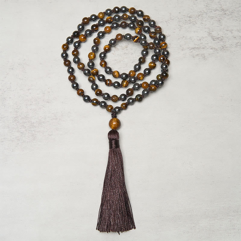 Wear FengShui 108 Beads Tiger Eye Hematite Tassel Courage Strength Mala