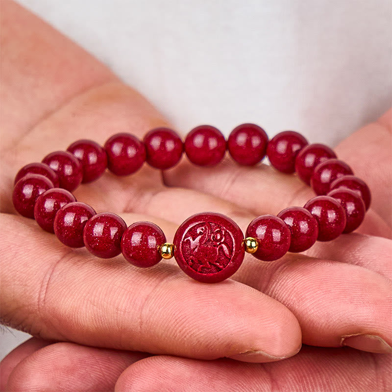 Wear FengShui Chinese Zodiac Year Of The Horse Carved Cinnabar Peaceful Blessing Bracelet