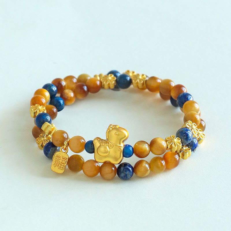 Wear FengShui Year Of The Horse Fu Character Lazurite Lapis Lazuli Tiger Eye Serenity Double Wrap Bracelet
