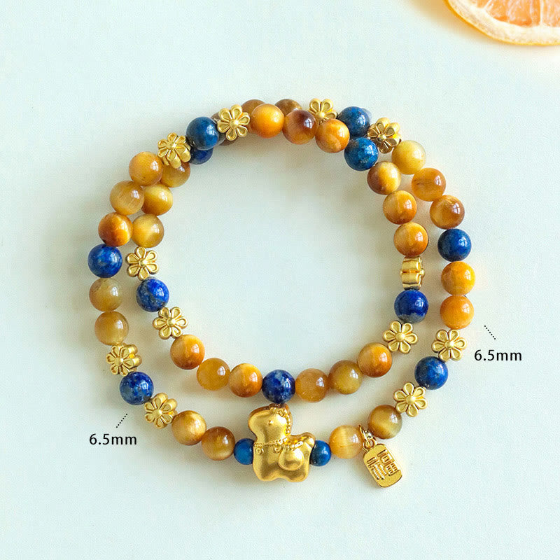 Wear FengShui Year Of The Horse Fu Character Lazurite Lapis Lazuli Tiger Eye Serenity Double Wrap Bracelet
