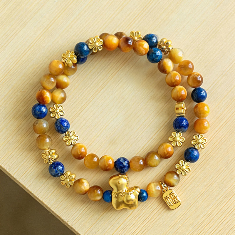 Wear FengShui Year Of The Horse Fu Character Lazurite Lapis Lazuli Tiger Eye Serenity Double Wrap Bracelet
