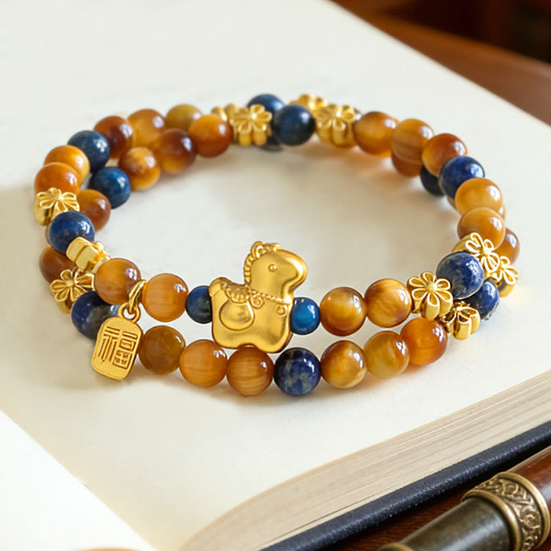 Wear FengShui Year Of The Horse Fu Character Lazurite Lapis Lazuli Tiger Eye Serenity Double Wrap Bracelet