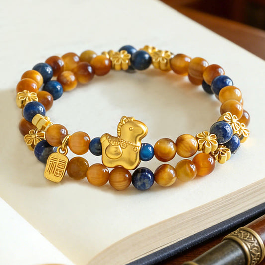 Wear FengShui Year Of The Horse Fu Character Lazurite Lapis Lazuli Tiger Eye Serenity Double Wrap Bracelet