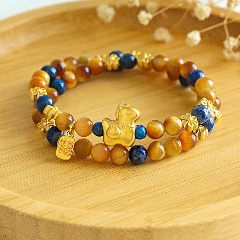 Wear FengShui Year Of The Horse Fu Character Lazurite Lapis Lazuli Tiger Eye Serenity Double Wrap Bracelet