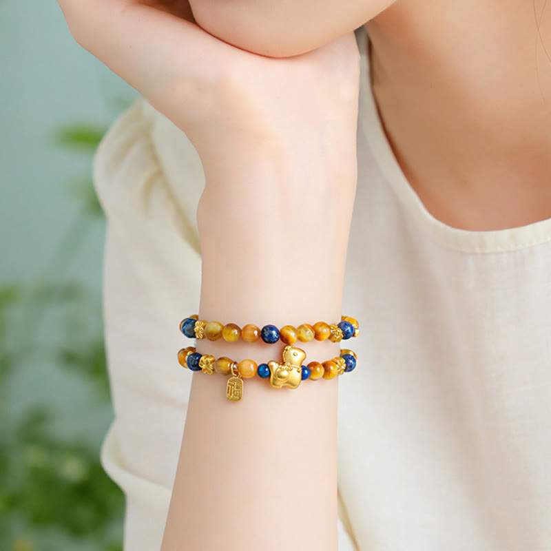 Wear FengShui Year Of The Horse Fu Character Lazurite Lapis Lazuli Tiger Eye Serenity Double Wrap Bracelet