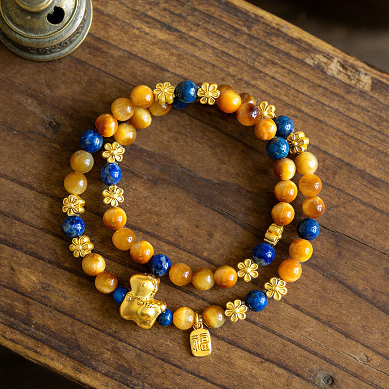 Wear FengShui Year Of The Horse Fu Character Lazurite Lapis Lazuli Tiger Eye Serenity Double Wrap Bracelet