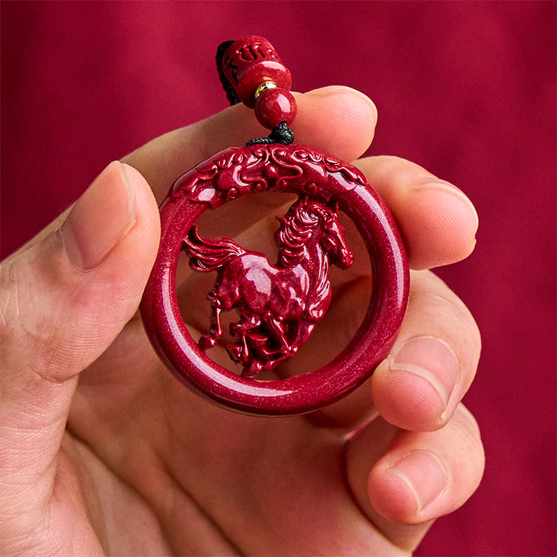 Wear FengShui Year Of The Horse Carving Peace Buckle Natural Cinnabar Concentration Necklace Pendant
