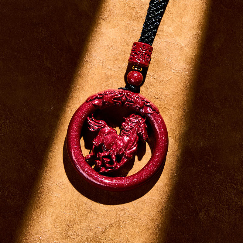 Wear FengShui Year Of The Horse Carving Peace Buckle Natural Cinnabar Concentration Necklace Pendant