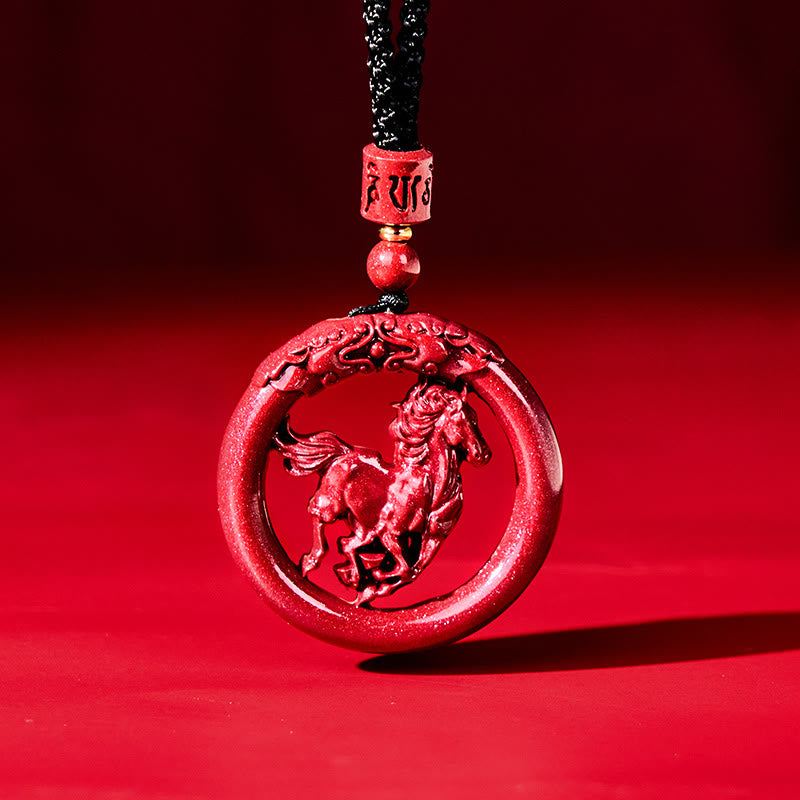 Wear FengShui Year Of The Horse Carving Peace Buckle Natural Cinnabar Concentration Necklace Pendant
