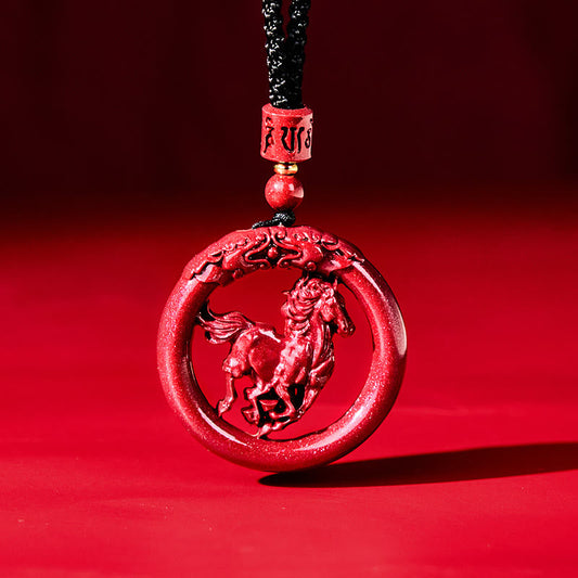 Wear FengShui Year Of The Horse Carving Peace Buckle Natural Cinnabar Concentration Necklace Pendant