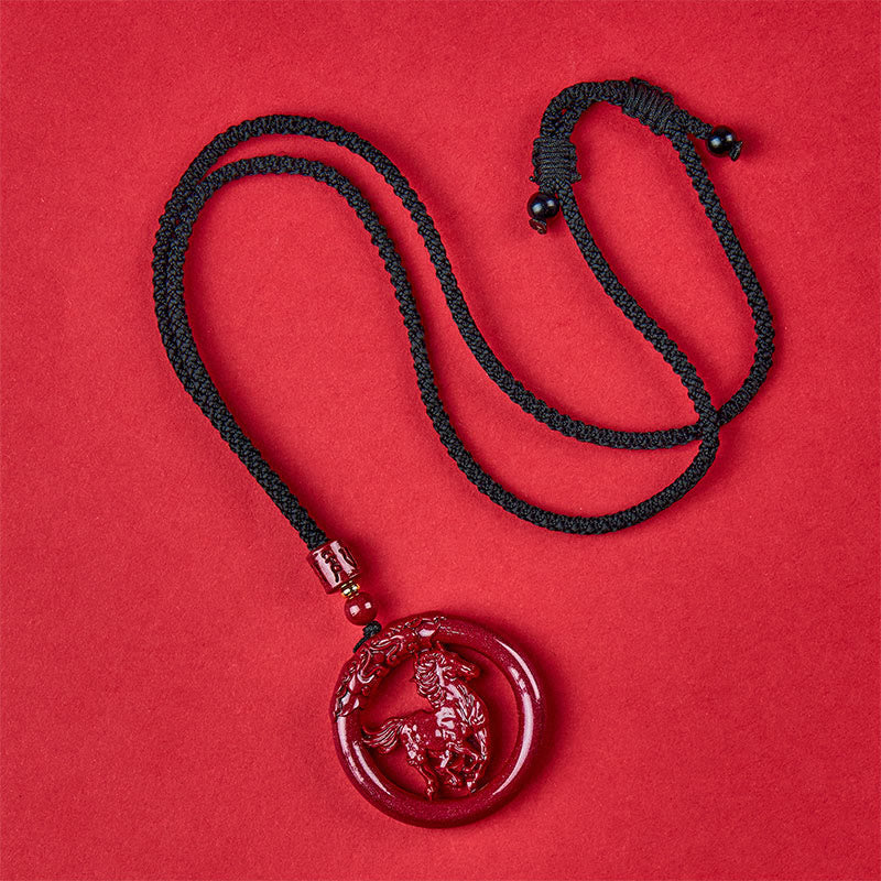 Wear FengShui Year Of The Horse Carving Peace Buckle Natural Cinnabar Concentration Necklace Pendant