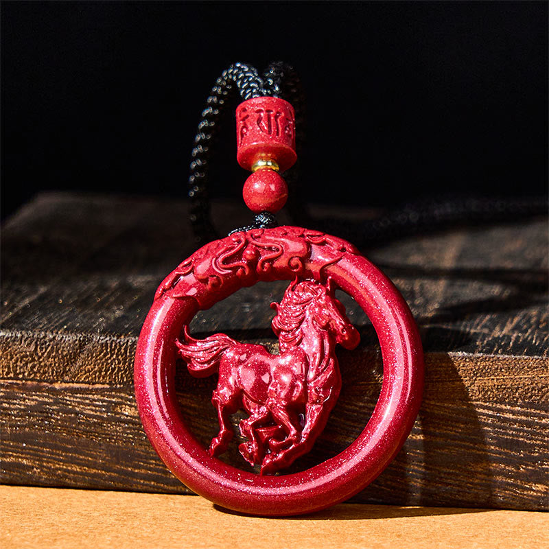 Wear FengShui Year Of The Horse Carving Peace Buckle Natural Cinnabar Concentration Necklace Pendant