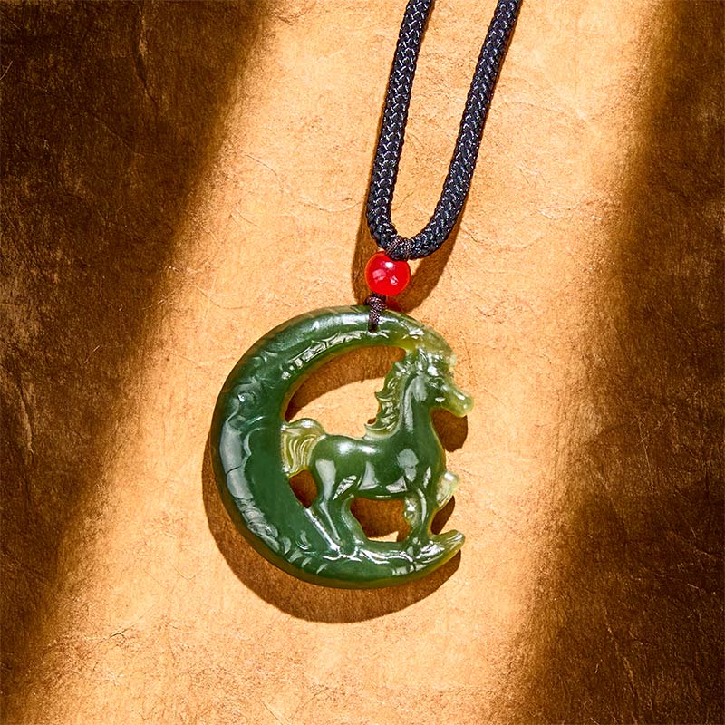 Wear FengShui Chinese Zodiac Year Of The Horse Charm Carved Jade Luck Prosperity Necklace Pendants