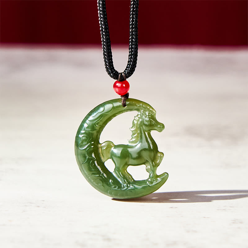 Wear FengShui Chinese Zodiac Year Of The Horse Charm Carved Jade Luck Prosperity Necklace Pendants