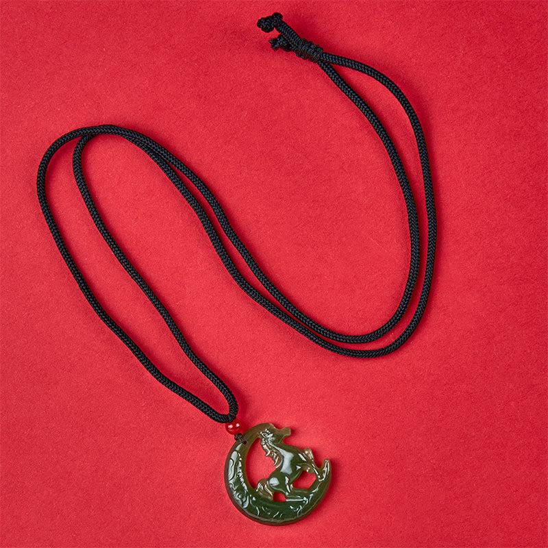 Wear FengShui Chinese Zodiac Year Of The Horse Charm Carved Jade Luck Prosperity Necklace Pendants