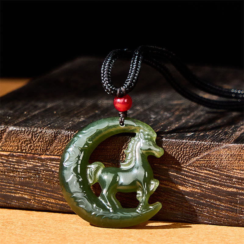 Wear FengShui Chinese Zodiac Year Of The Horse Charm Carved Jade Luck Prosperity Necklace Pendants