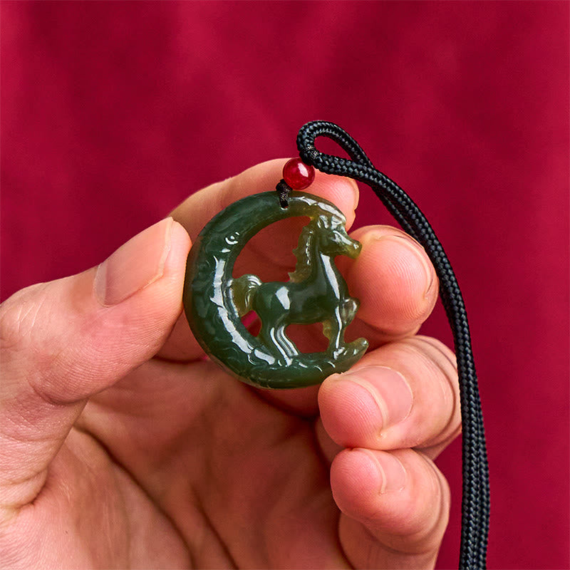 Wear FengShui Chinese Zodiac Year Of The Horse Charm Carved Jade Luck Prosperity Necklace Pendants