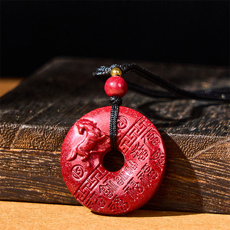 Wear FengShui Year Of The Horse Carved Fu Character Peace Buckle Design Cinnabar Blessing Auspicious Necklace Pendant