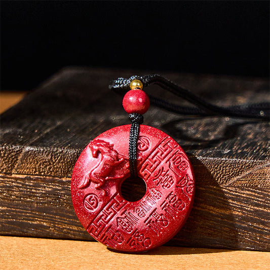 Wear FengShui Year Of The Horse Carved Fu Character Peace Buckle Design Cinnabar Blessing Auspicious Necklace Pendant